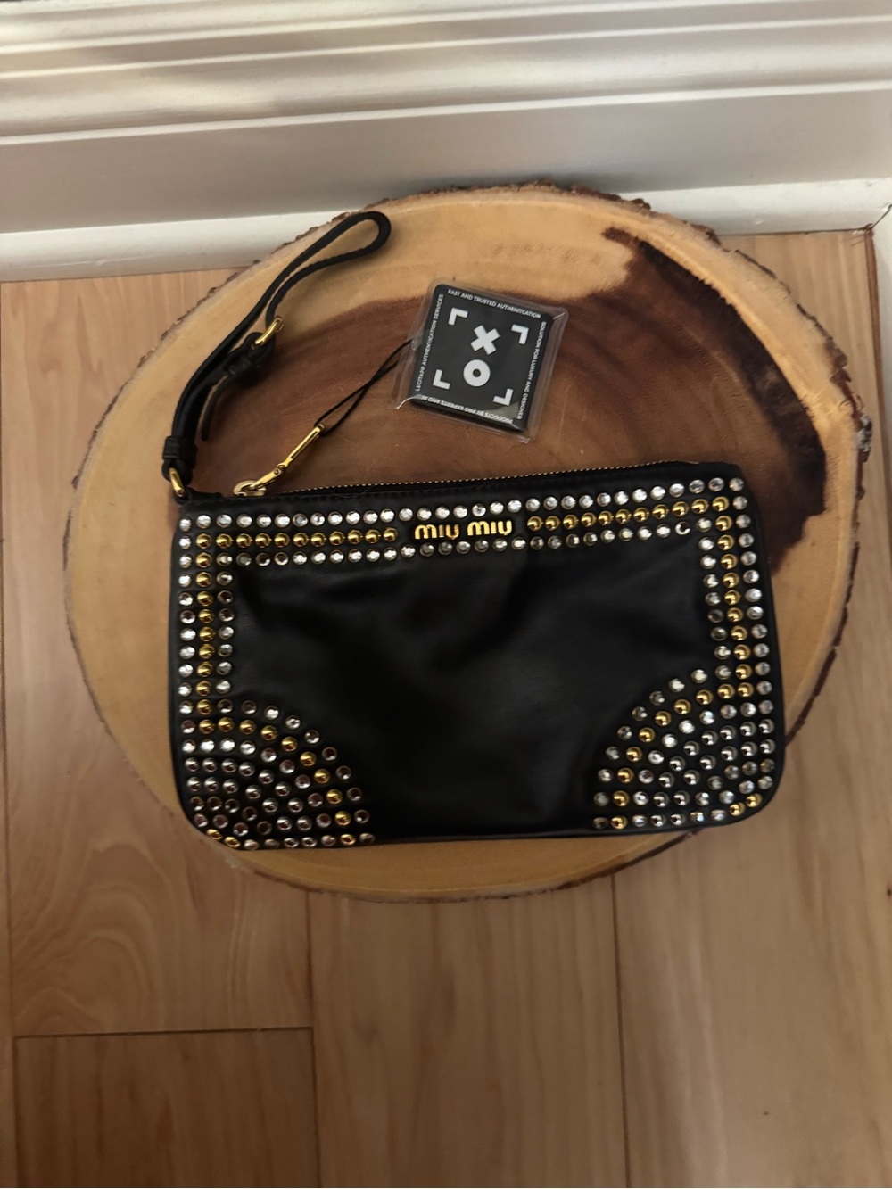 Miu Miu Black Leather Studded Wristlet with Gold & Silver Accents